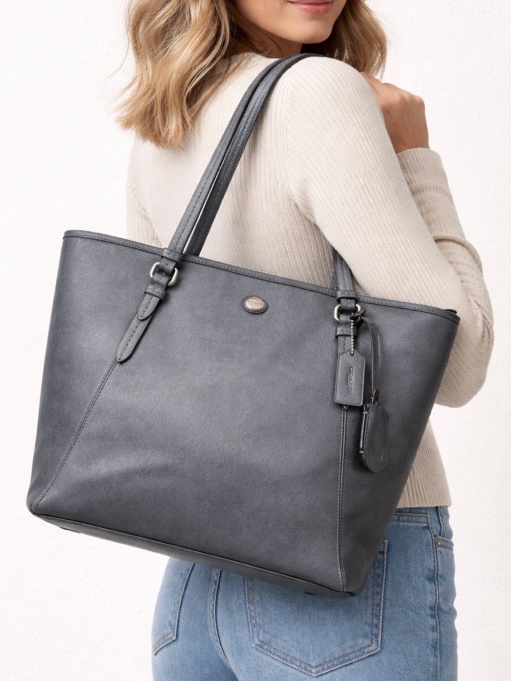 Coach Peyton Saffiano Leather Tote in Metallic Pewter